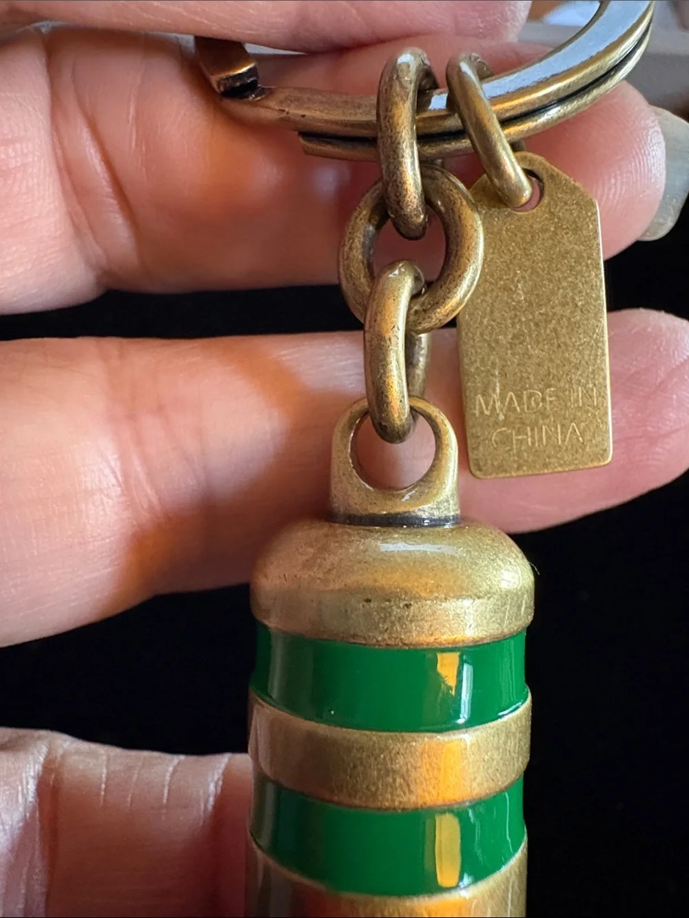 COACH Brass Military Whistle Keychain with Green Stripes